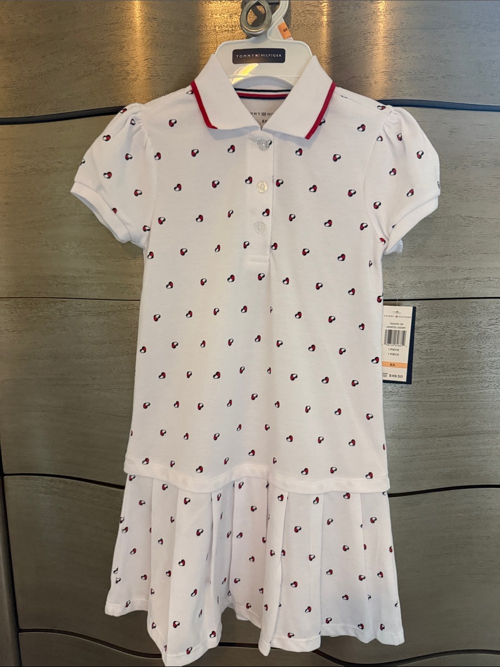 Tommy Hilfiger White Polo Dress with Red Trim and Mini Heart Print
